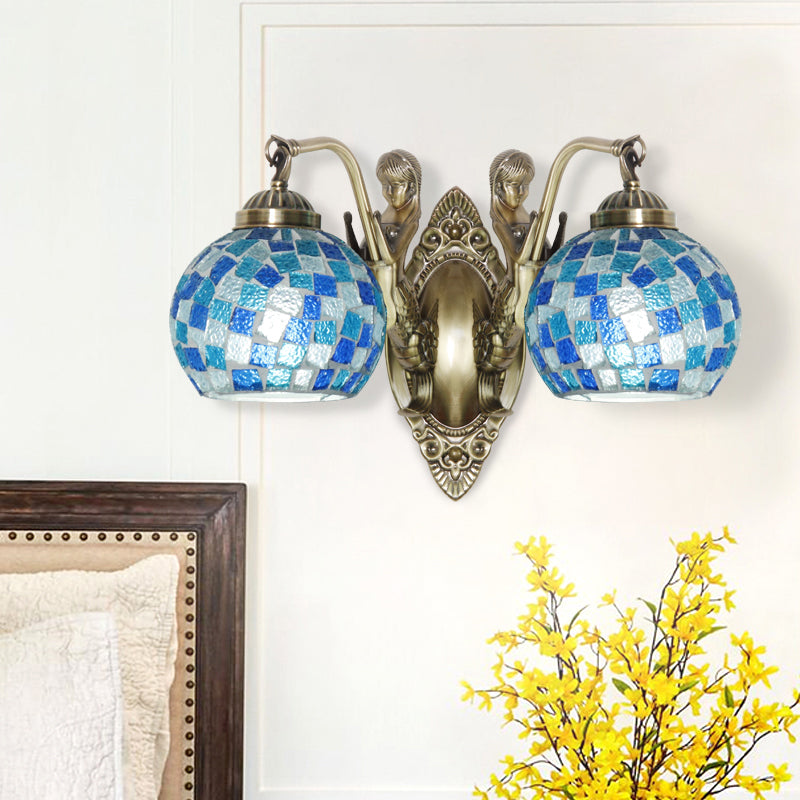 Cut Glass Global Wall Light Fixture Tiffany 1/2-Bulb Blue Wall Mount Lamp with Mermaid Design