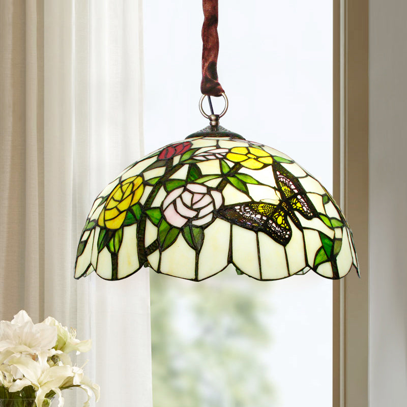 Chandelier en verre coupé à main classique à 3-tête Classic à la main avec motif floral et papillon en bronze