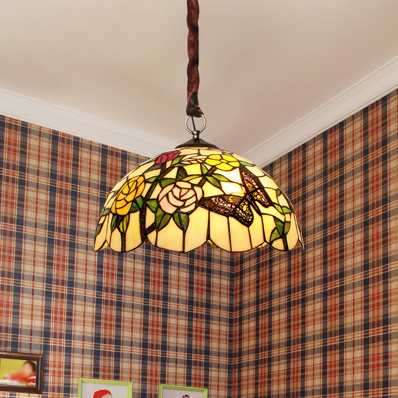 Chandelier en verre coupé à main classique à 3-tête Classic à la main avec motif floral et papillon en bronze