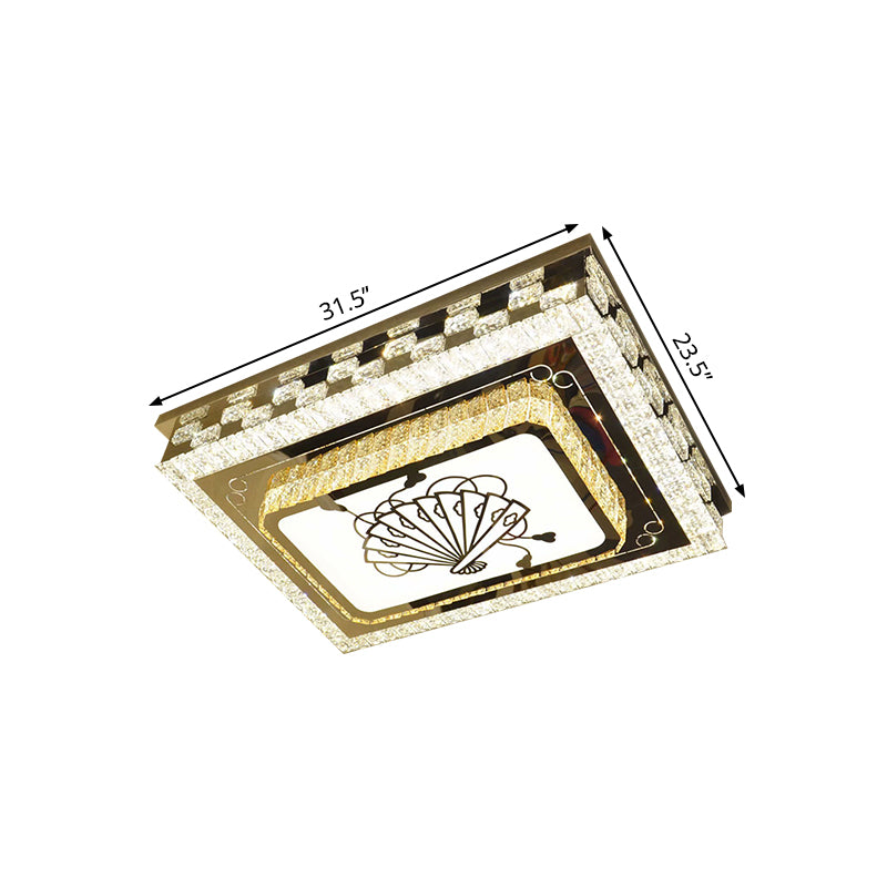 Oblong Drawing Room Ceiling Light Crystal Block LED Modernism Flush Mount with Folding Fan Pattern in Chrome