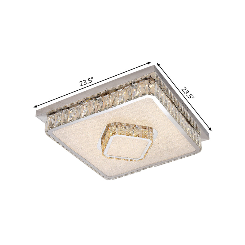 Beveled Crystal Square Flush Mount Lamp Simple LED Chrome Close to Ceiling Lamp in Warm/White Light