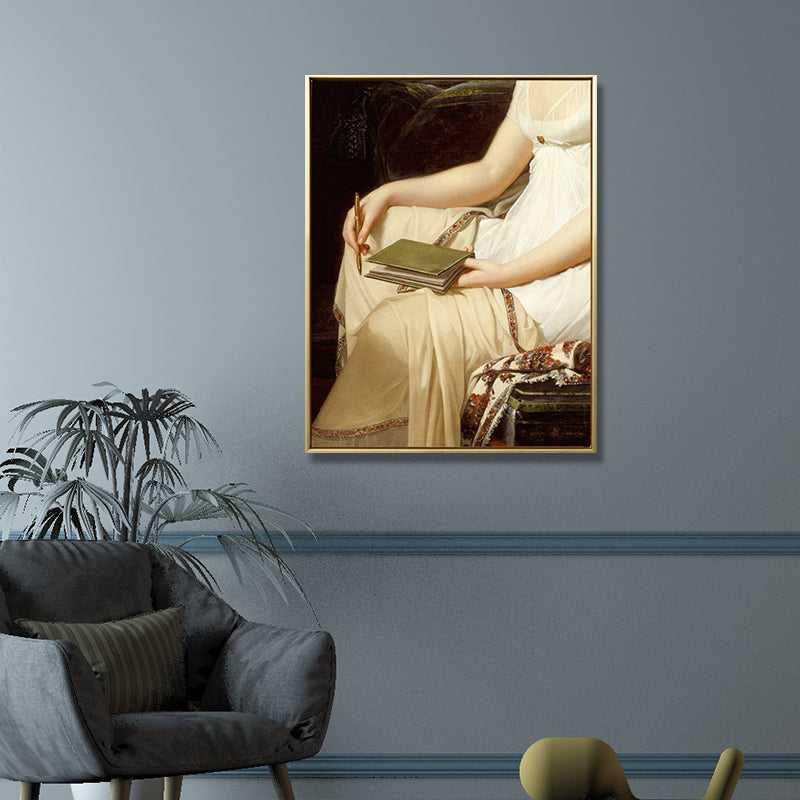 Woman with A Notebook Painting Vintage Textured Bedroom Wall Art in Yellow