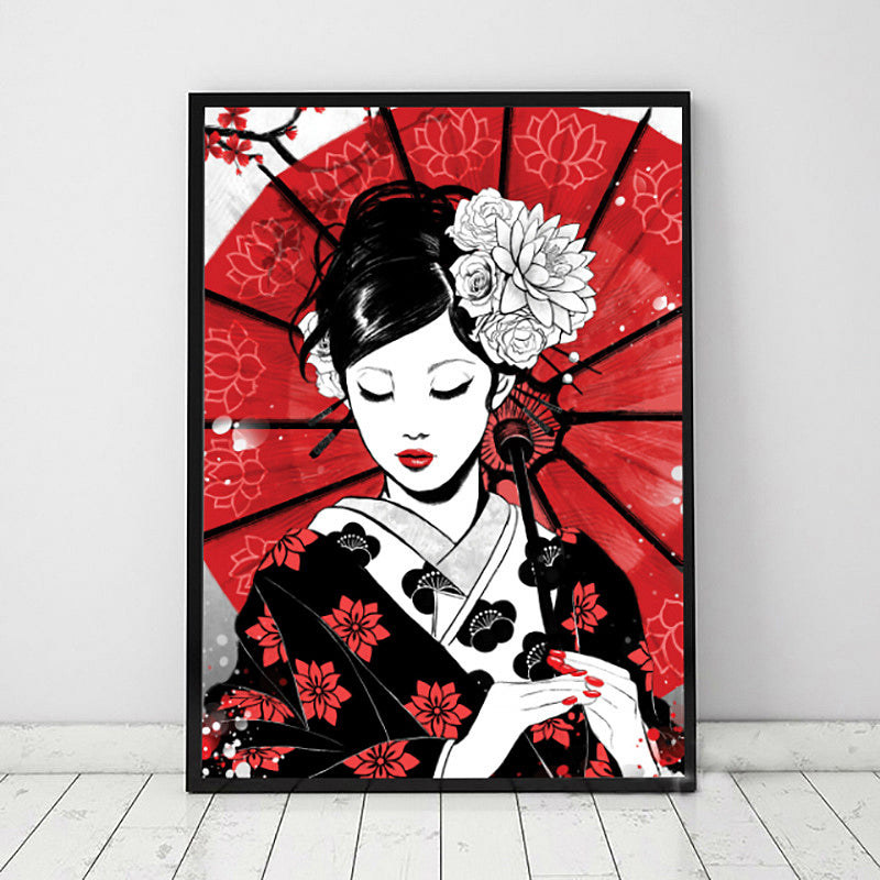 Japanese Geisha with Umbrella Canvas Red Home Wall Art Decor for Living Room, Multiple Size Options