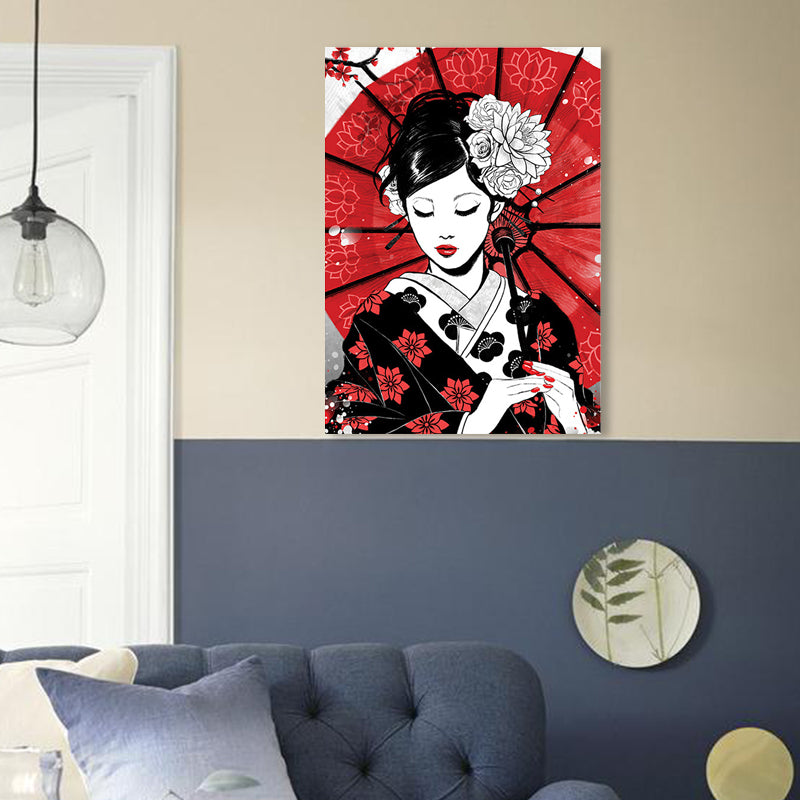 Japanese Geisha with Umbrella Canvas Red Home Wall Art Decor for Living Room, Multiple Size Options