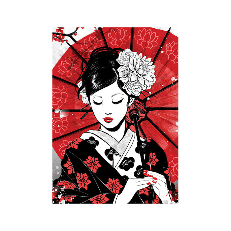 Japanese Geisha with Umbrella Canvas Red Home Wall Art Decor for Living Room, Multiple Size Options