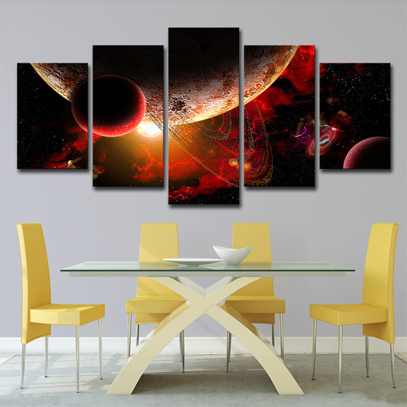 Space Planets Canvas Print in Red Science Fiction Wall Art Decor for Child Bedroom