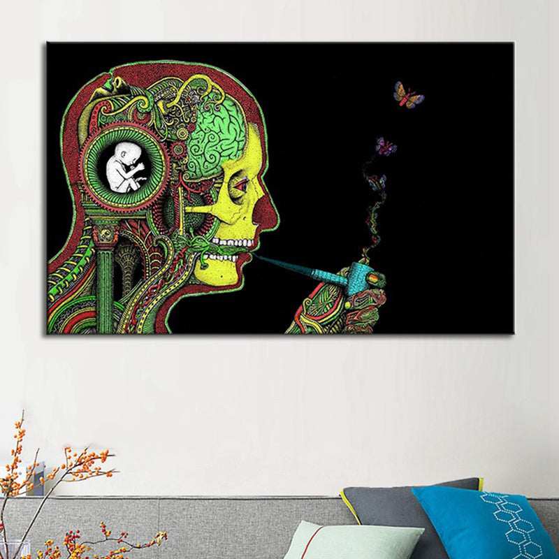 Smoking Man Wall Art Print Modern Canvas in Green for Great Room, Multiple Sizes