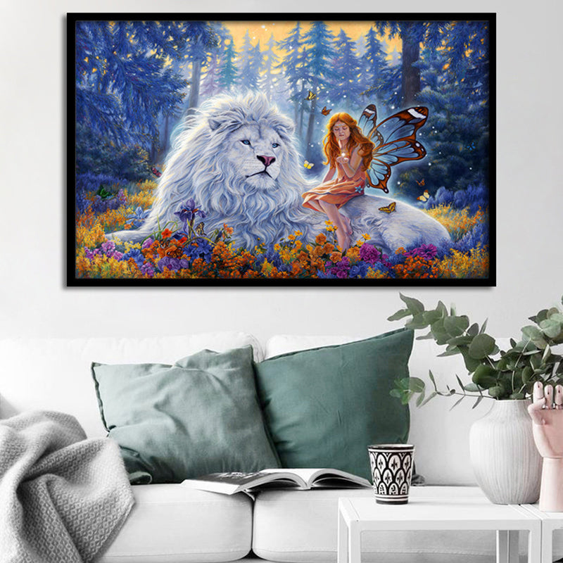 Lion Wrapped Canvas Mediterranean Mysterious Angel Wall Art Decor in Blue for Nursery