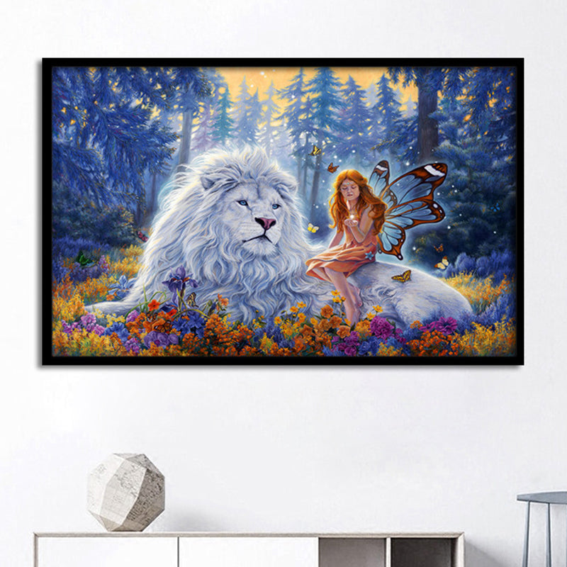 Lion Wrapped Canvas Mediterranean Mysterious Angel Wall Art Decor in Blue for Nursery