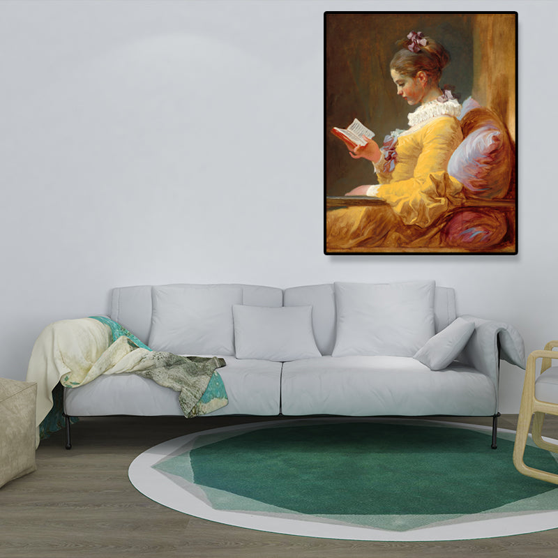 Girl Reading Art Print Vintage Textured Living Room Wrapped Canvas in Yellow (Multiple Size Options)