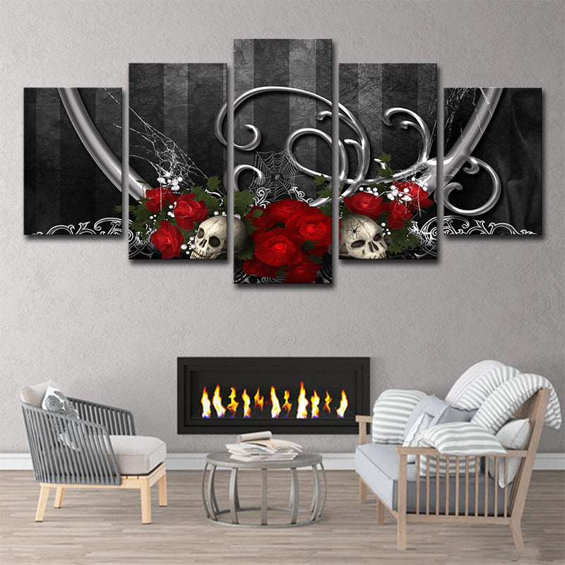 Cool Rose and Skull Canvas Print Boys Bedroom Fantasy Wall Art in Grey-Red