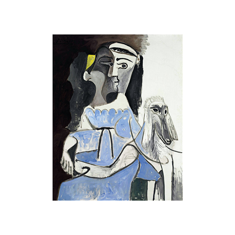 Picasso Woman and Dog Canvas Art Vintage Textured Surface Painting in Blue and Grey