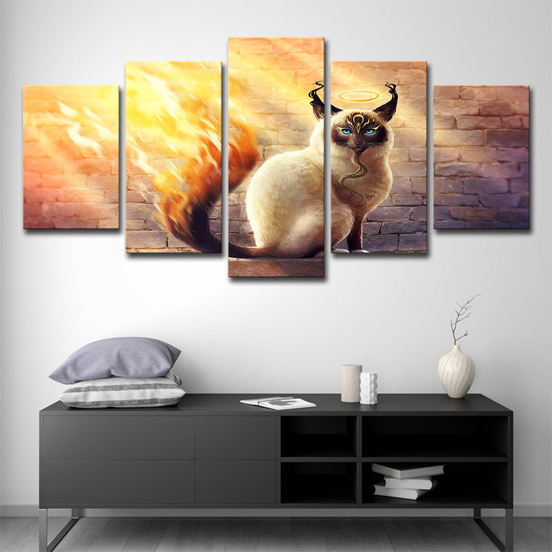 Cat with Fire Tail Canvas Cartoon Magical Comic Character Wall Art Print in Yellow