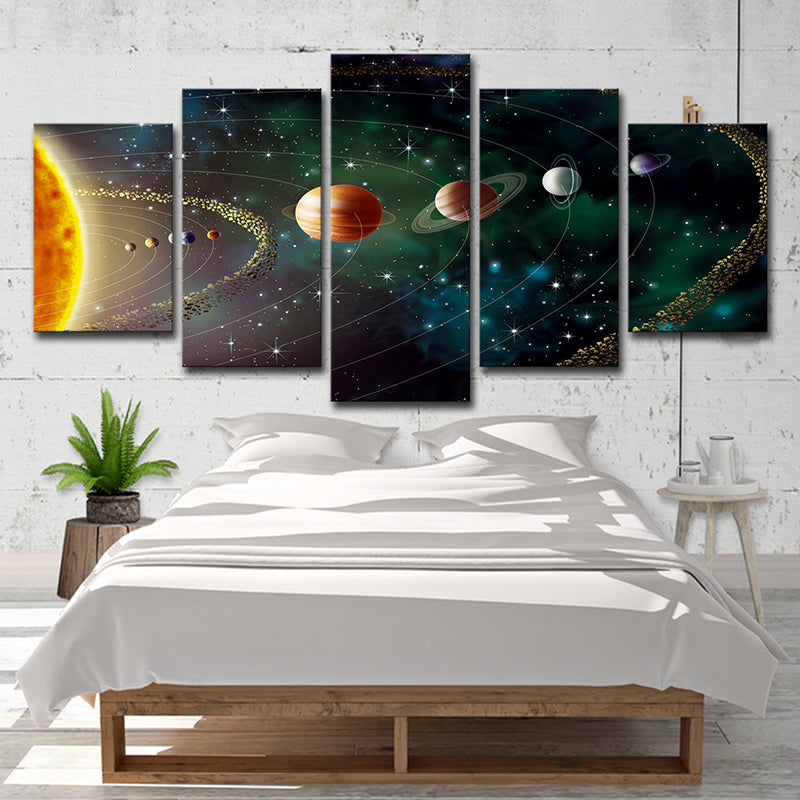 Solar System Wall Art Print Fictional Enchanting Universe Canvas in Green for Bedroom