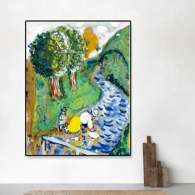 Fluss- und Berg-Leinwandkunst, Vintage-Wohnzimmer-Wanddekoration in Grün, verschiedene Größenoptionen