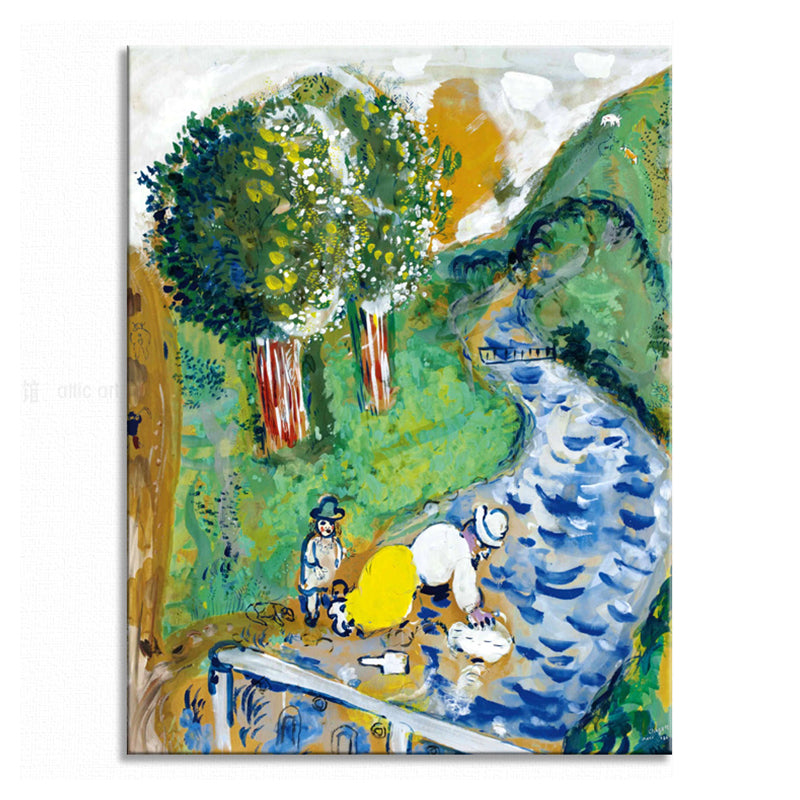 Fluss- und Berg-Leinwandkunst, Vintage-Wohnzimmer-Wanddekoration in Grün, verschiedene Größenoptionen