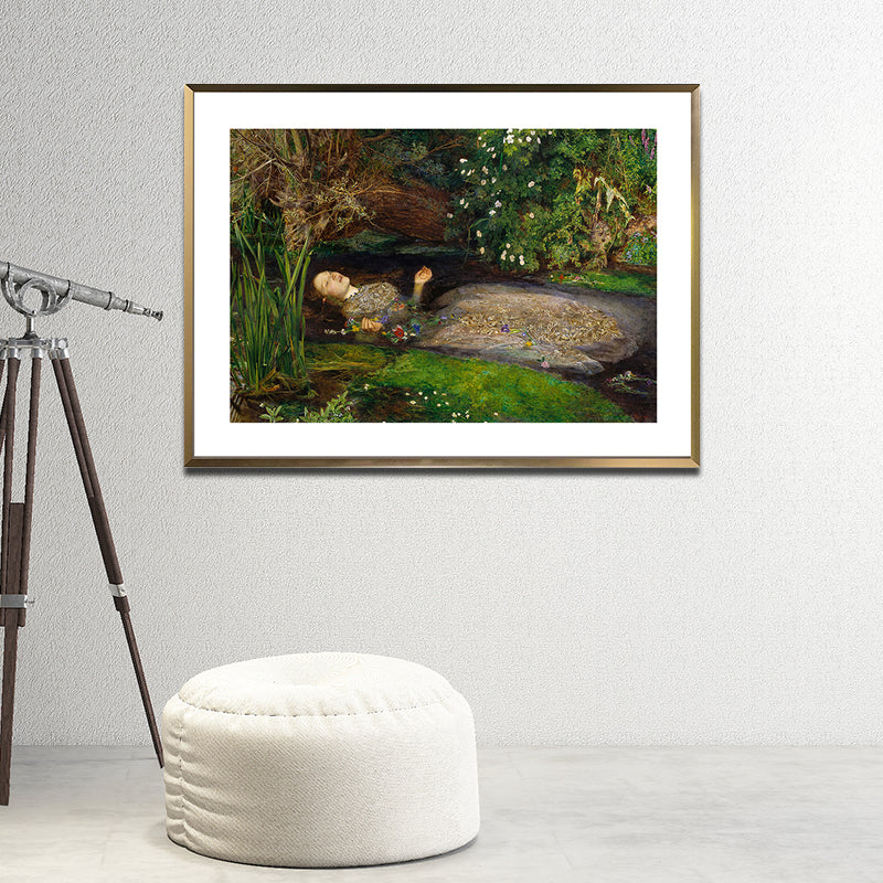 Lady Flowing with Stream Canvas for Bedroom Figure Painting Wall Art Print in Green, Textured
