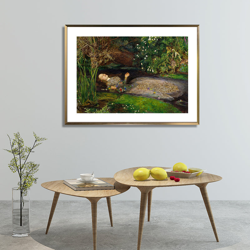 Lady Flowing with Stream Canvas for Bedroom Figure Painting Wall Art Print in Green, Textured