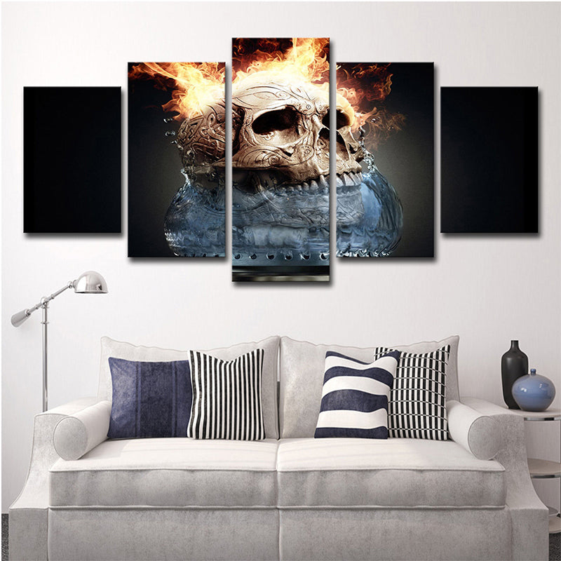 Grey Flames and Skull Canvas Print Multi-Piece Wall Art Decor for House Interior