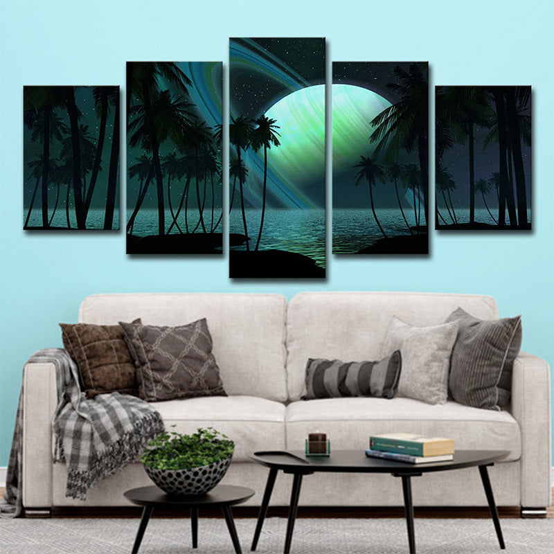 Tropics Night Seascape Canvas Green Ringed Planet Wall Art Print for Family Room