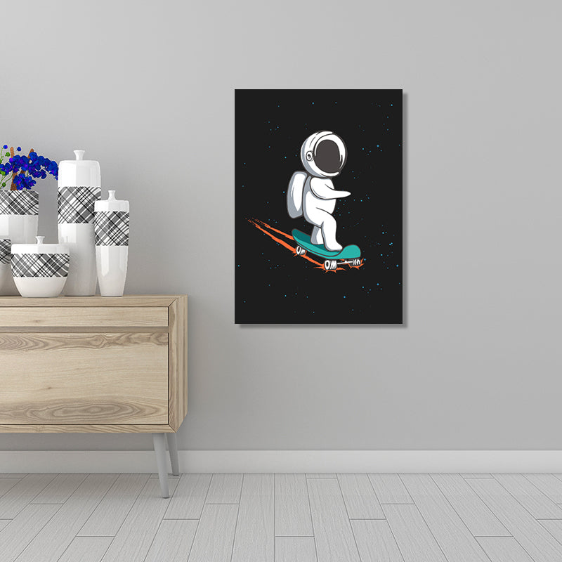 Universe Astronaut Wall Decor Cartoon Canvas Art Print in Dark Color for Kids Room