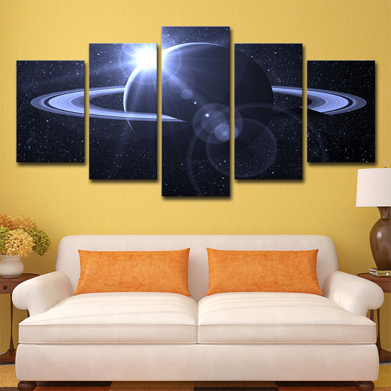 Dark Blue Fictional Wall Art Decor Digital Print Ringed Planet Canvas for Living Room