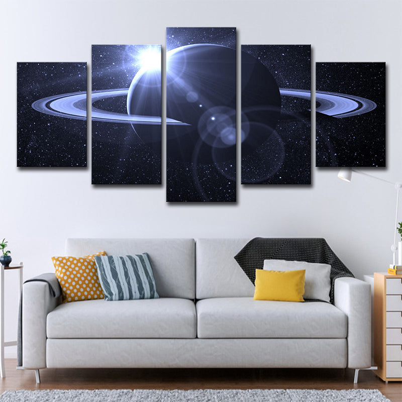 Dark Blue Fictional Wall Art Decor Digital Print Ringed Planet Canvas for Living Room