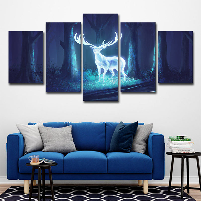 Mysterious Forest Deer Canvas Wall Art for Children Bedroom, Blue-White, Multi-Piece