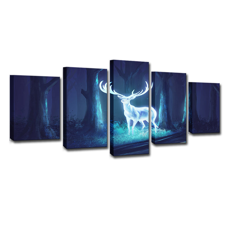 Mysterious Forest Deer Canvas Wall Art for Children Bedroom, Blue-White, Multi-Piece