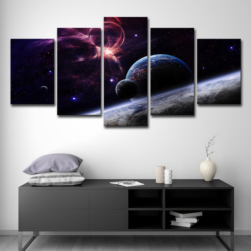 Fictional Cosmos Planets Canvas Art Black and Pink Multi-Piece Wall Decor for Home