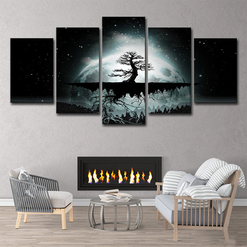 Tree of Life Wall Art Indoor Full Moon Starry Sky Scene Canvas in Green for Decor