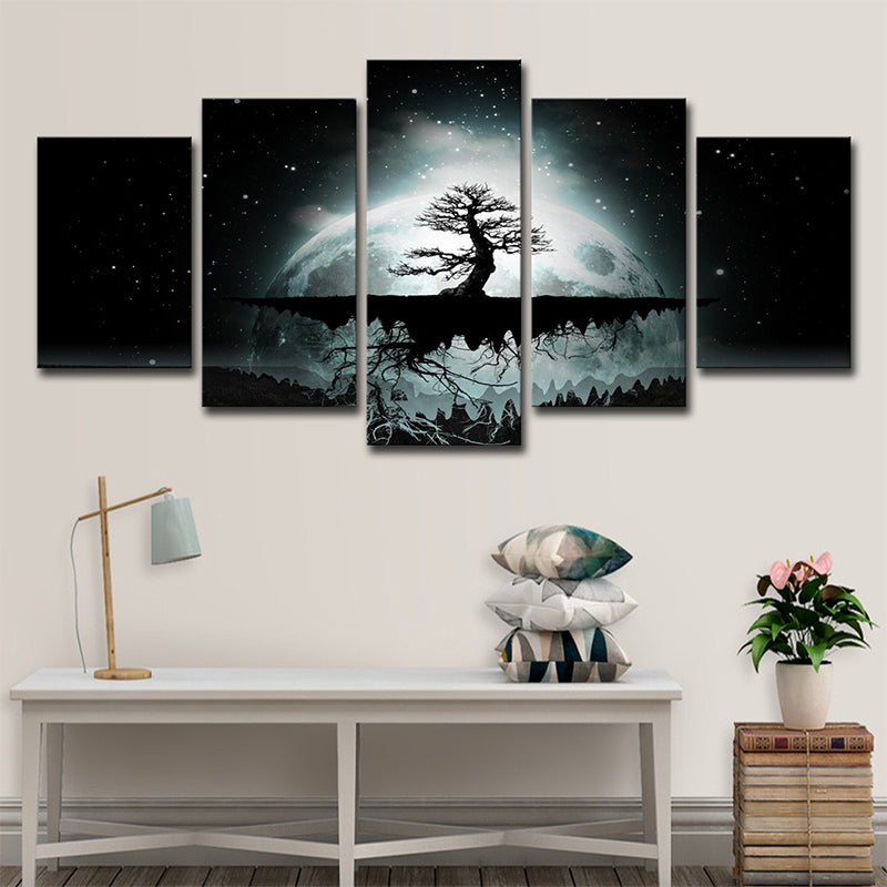 Tree of Life Wall Art Indoor Full Moon Starry Sky Scene Canvas in Green for Decor
