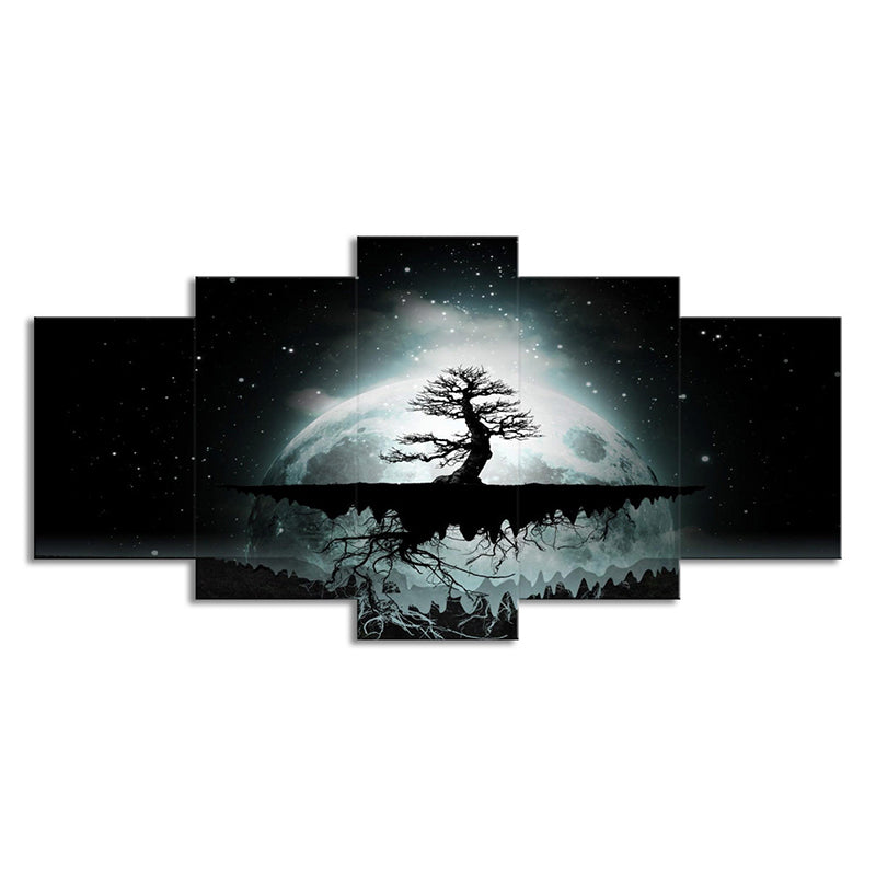 Tree of Life Wall Art Indoor Full Moon Starry Sky Scene Canvas in Green for Decor