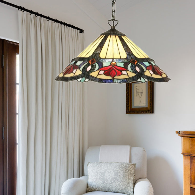 Cone/Flower Beige Handcrafted Art Glass Pendant Light Tiffany 1 Bulb Suspended Lighting Fixture for Living Room
