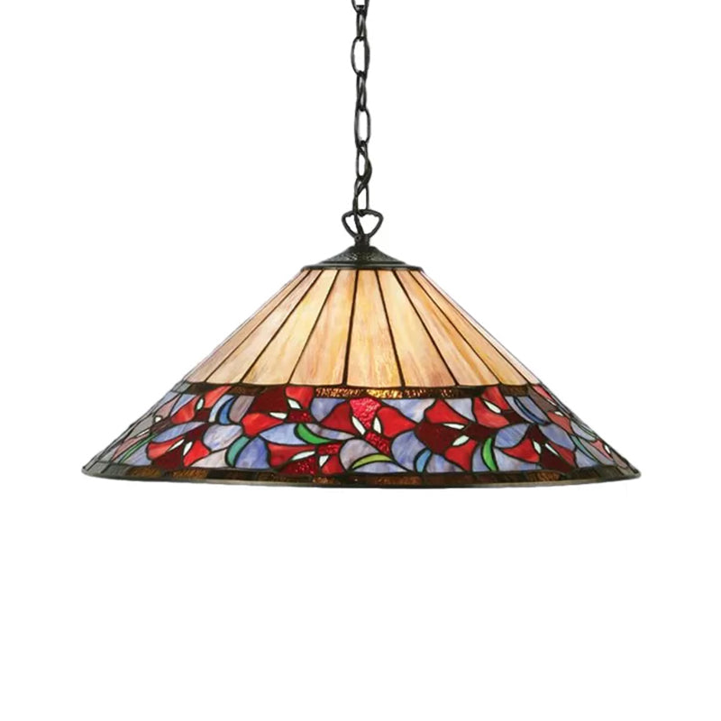 Cone/Flower Beige Handcrafted Art Glass Pendant Light Tiffany 1 Bulb Suspended Lighting Fixture for Living Room