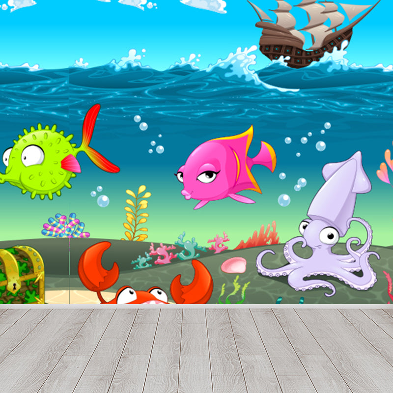 Full Size Sea Life Mural Kids Bedroom Nautical Wall Art in Soft Color, Moisture Resistant