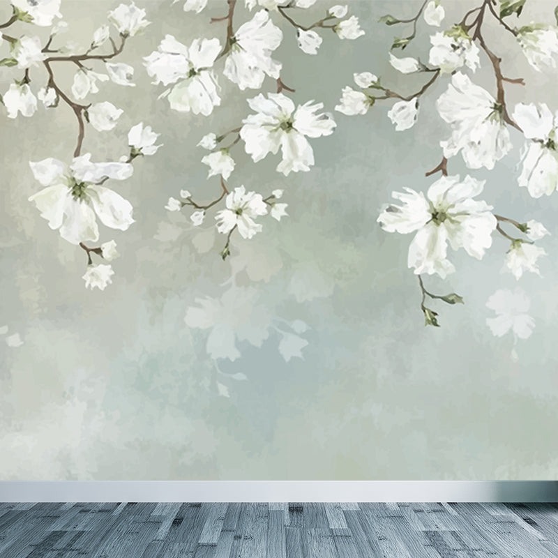 White Blossoming Flower Wallpaper Mural Moisture Resistant Wall Art on Blue for Home