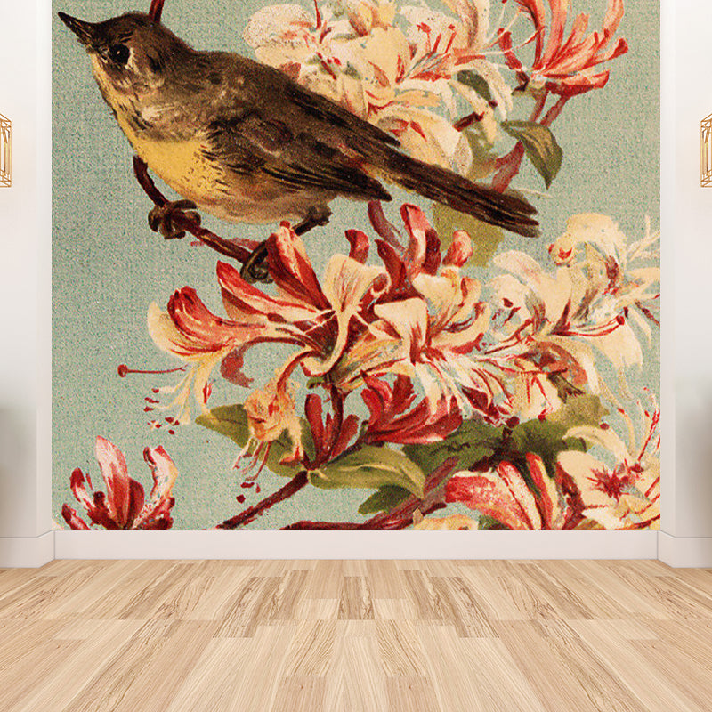 Brown Contemporary Mural Wallpaper Big Bird and Flower Branch Wall Art for Playroom