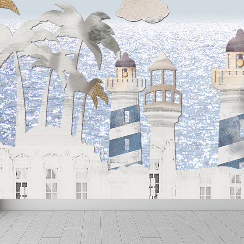 Whole Houses Drawing Mural Childrens Art Cute Architecture Wall Covering in Pastel Color