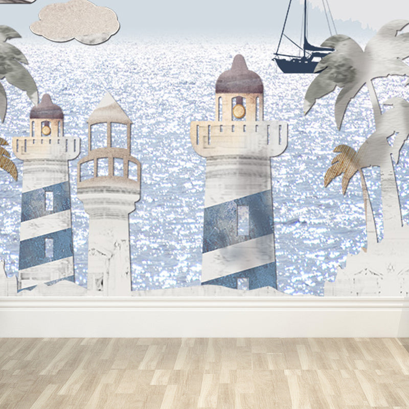 Whole Houses Drawing Mural Childrens Art Cute Architecture Wall Covering in Pastel Color