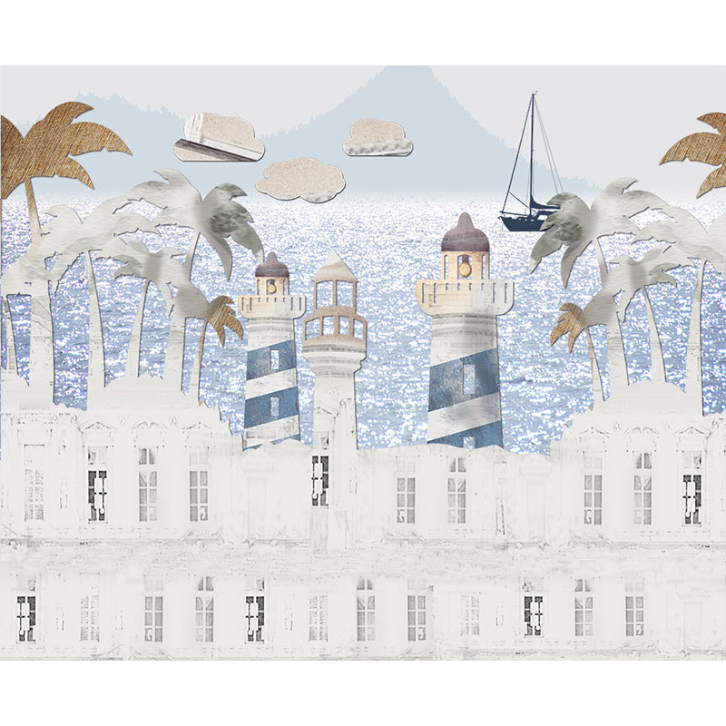 Whole Houses Drawing Mural Childrens Art Cute Architecture Wall Covering in Pastel Color