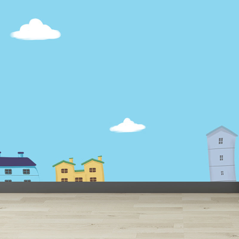 Whole Houses Drawing Mural Childrens Art Cute Architecture Wall Covering in Pastel Color