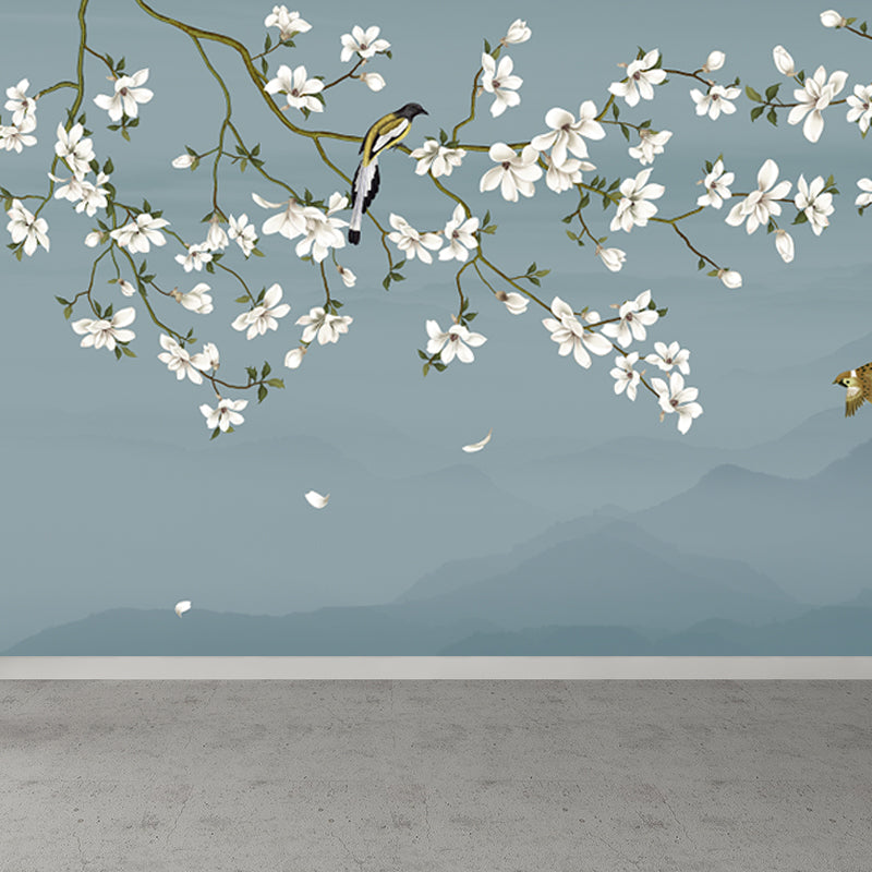 Bird and Flower Branch Mural for Home Misty Mountain Landscape Wall Art in Blue for Decor