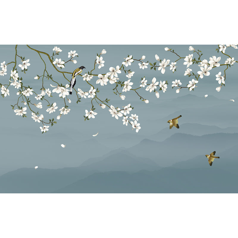Bird and Flower Branch Mural for Home Misty Mountain Landscape Wall Art in Blue for Decor