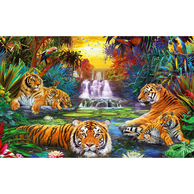 Jungle Cascade and Tiger Mural Wallpaper Modern Non-Woven Cloth Wall Art in Green