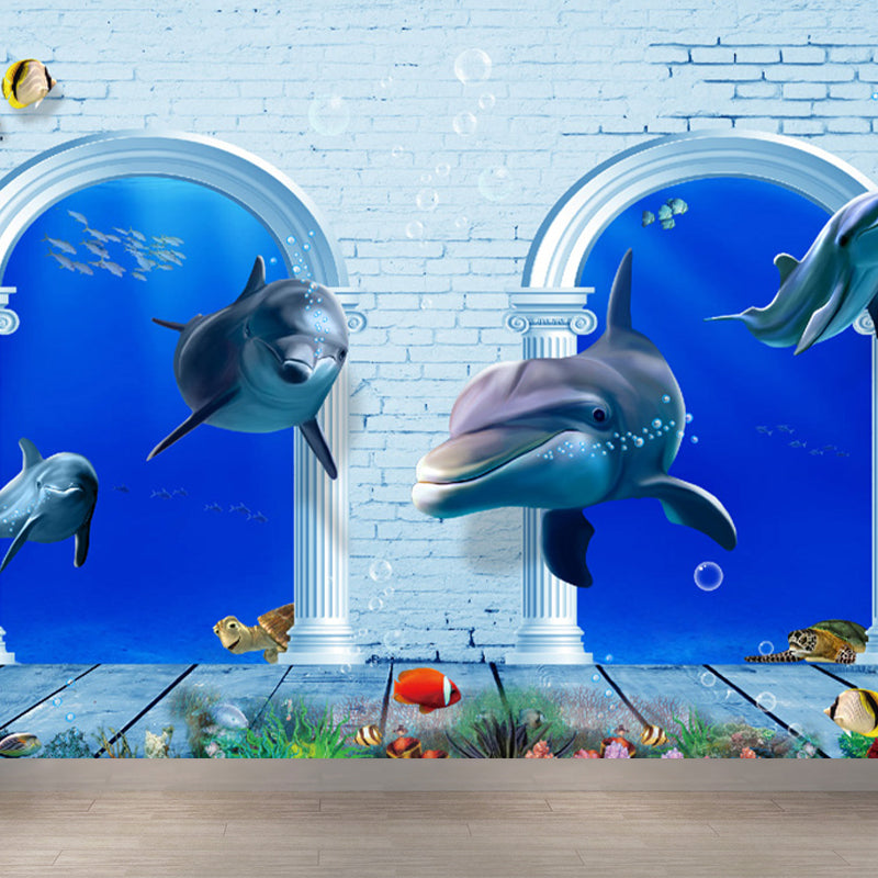 Aquarium Sea Life Mural Wallpaper Kids Style Non-Woven Fabric Wall Covering in Blue