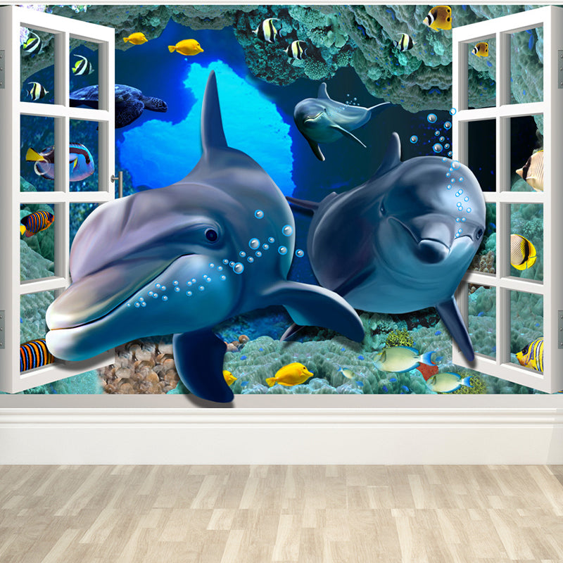 Aquarium Sea Life Mural Wallpaper Kids Style Non-Woven Fabric Wall Covering in Blue