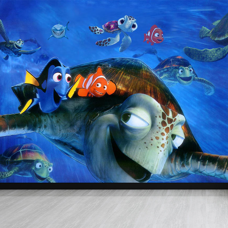 Aquarium Sea Life Mural Wallpaper Kids Style Non-Woven Fabric Wall Covering in Blue