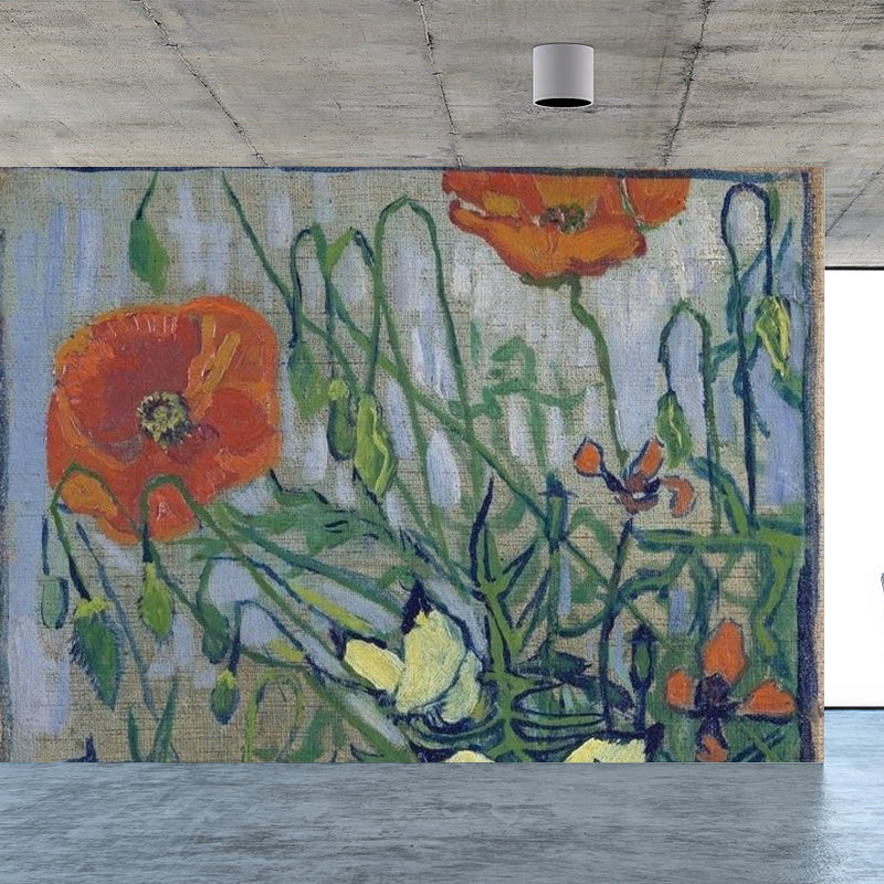 Contemporary Flowers Mural Wallpaper Green Waterproofing Wall Decor for Boys Room