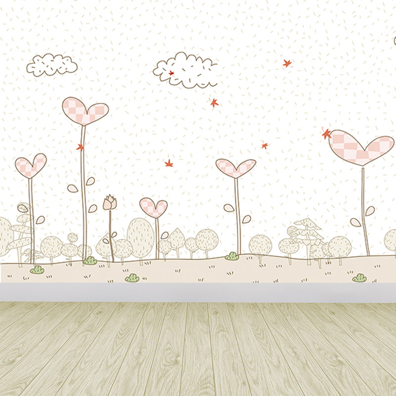 Pink Cartoon Wall Covering Mural Whole Heart-Shaped Plant Wall Art for Kids Bedroom